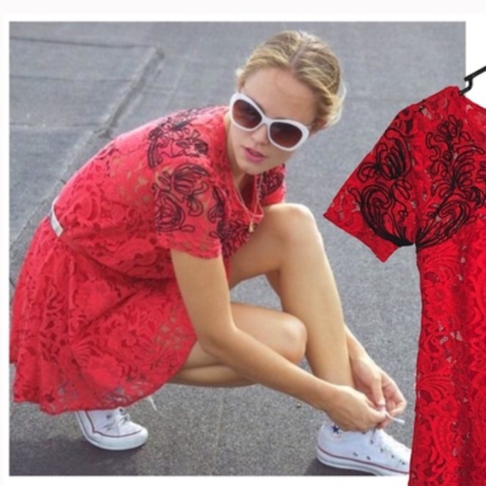 Free People Cherry Red Women's Dreamer Lace Short Casual Dress Size S $128